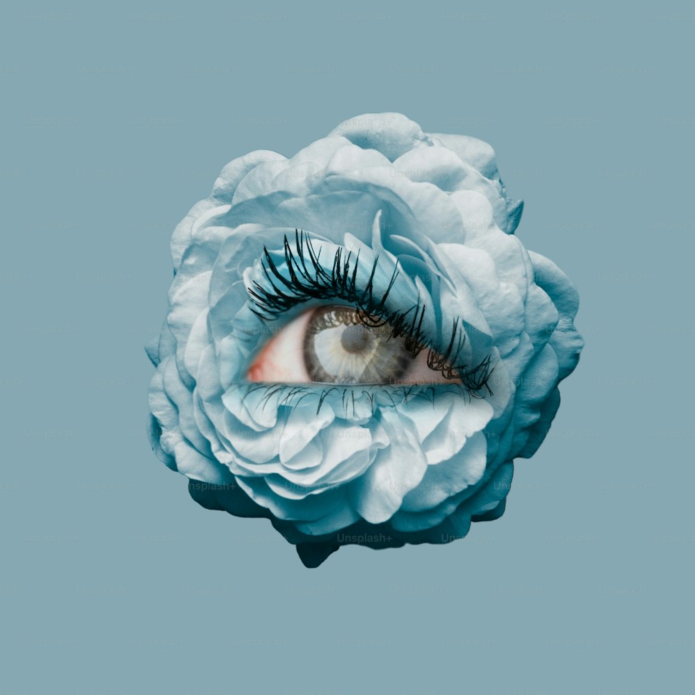 Tenderness. Blue rose with female eye inside it on navy background. Modern design. Contemporary art. Creative conceptual and colorful collage. Beauty, art, vision. Eyeball in flower. Surrealism, minimalism