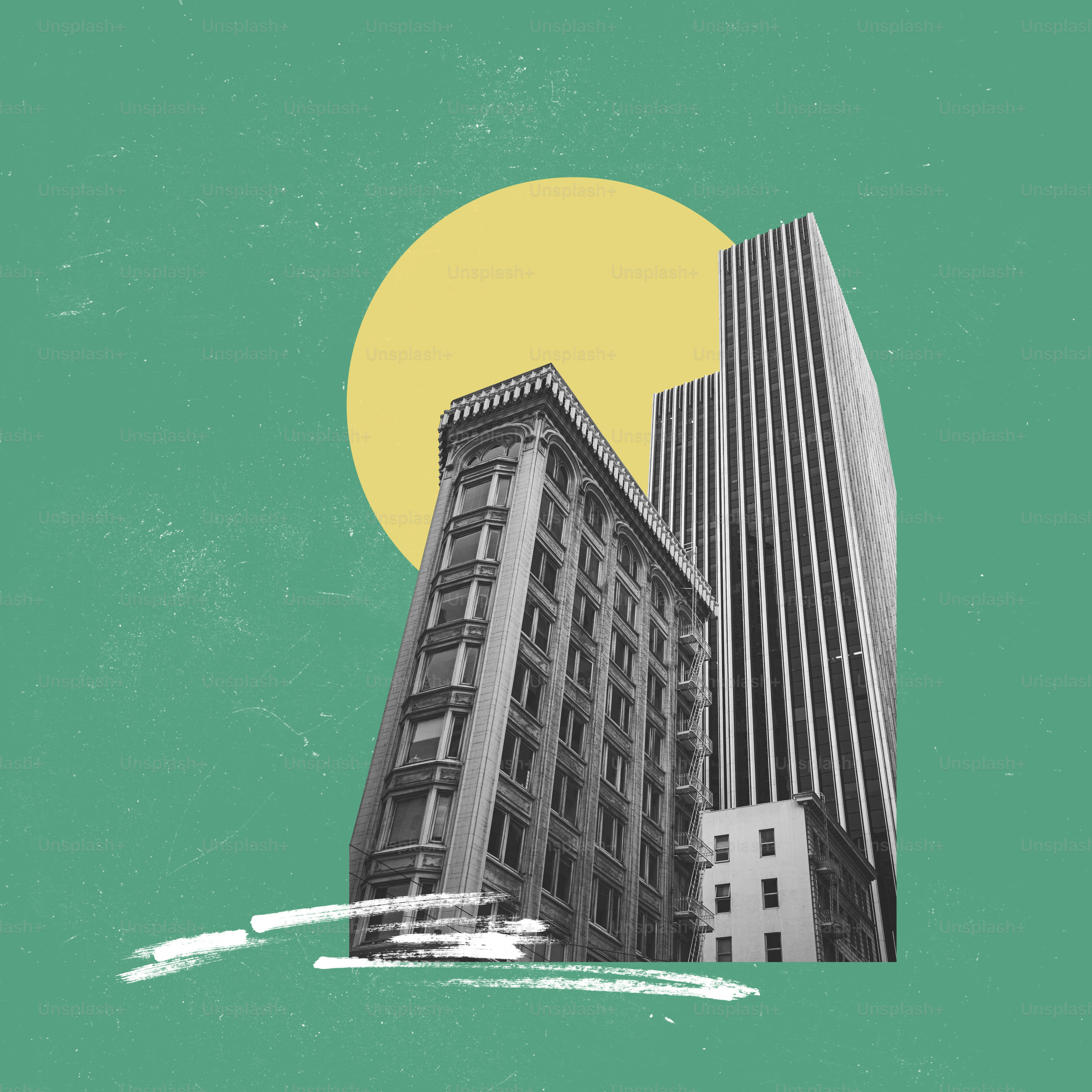 Contemporary artwork. Creative design in retro style. Black and white image of building in big city. Modern and vintage. Concept of creativity, surrealism, imagination, futuristic landscape. Poster