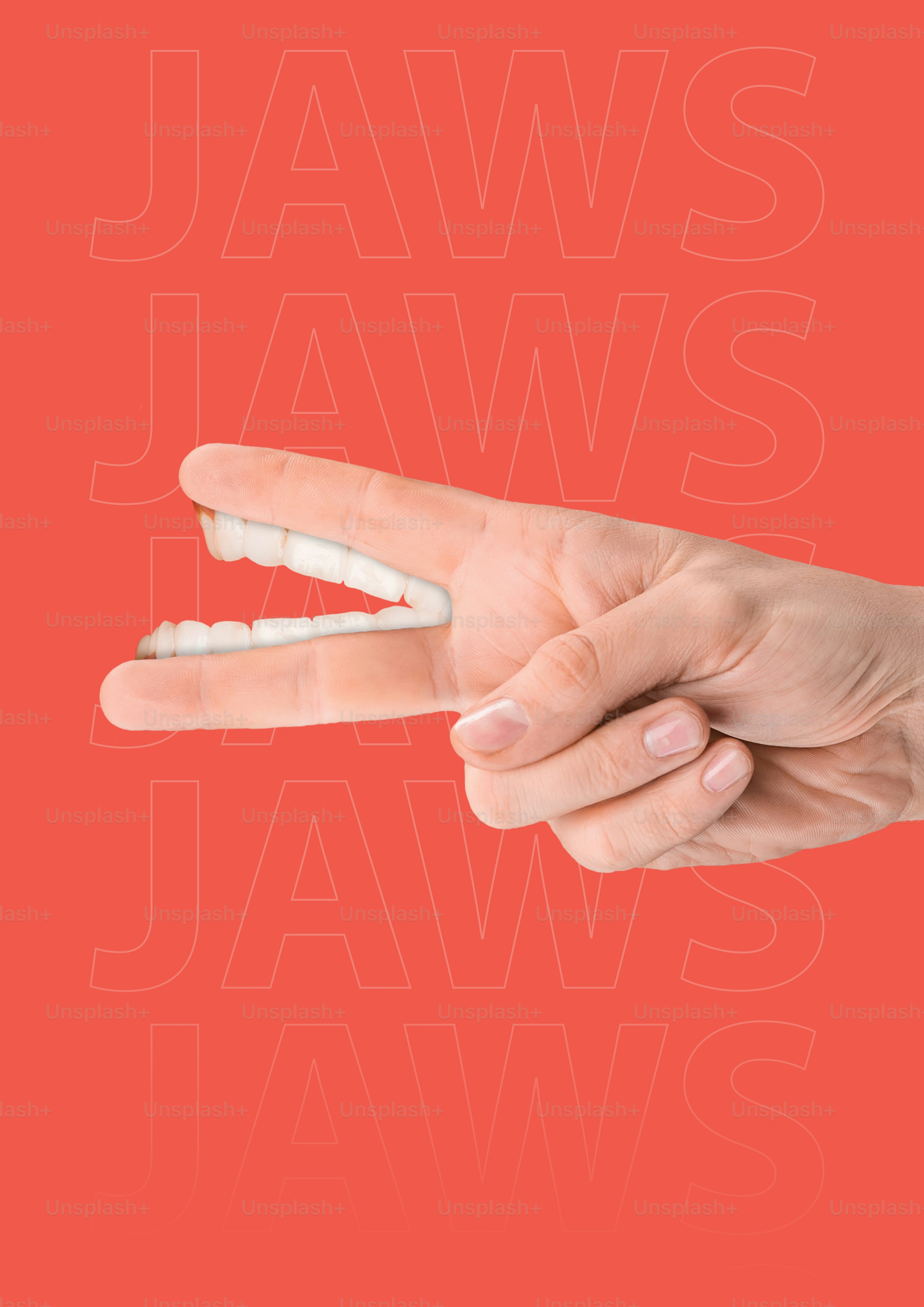 Violent conflict or peace agreement. Male hand with white human teeth as a fingers against red background. Modern design. Contemporary art collage. Concept of economy or human relation or politics.