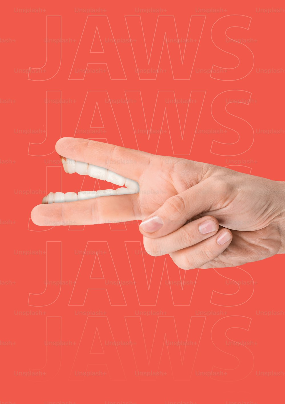 폭력적인 갈등 또는 평화 협정. 하얀 인간의 이빨을 가진 남성의 손은 빨간 배경에 손가락을 대고 있다. 현대적인 디자인. 현대 미술 콜라주. 경제 또는 인간 관계 또는 정치의 개념.