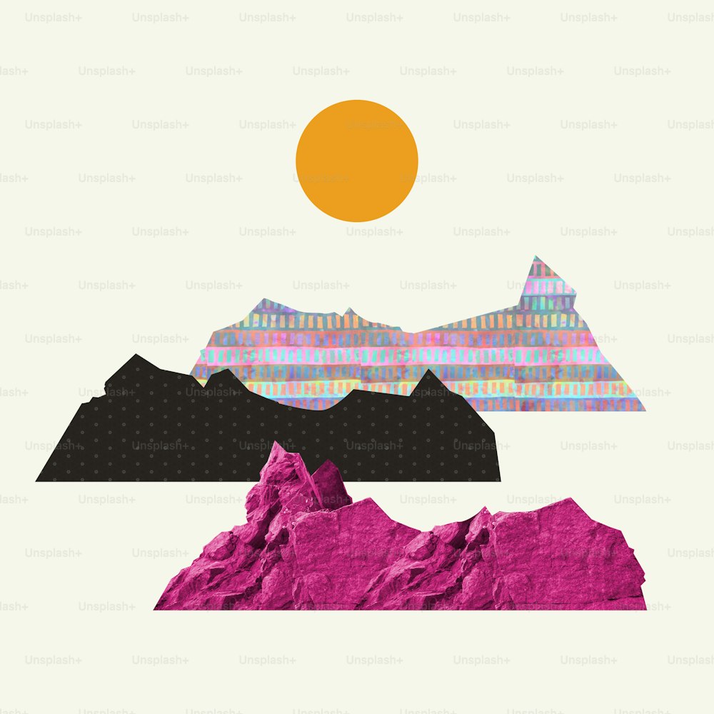 Sunrise. Multi colored mountains on pastel background. Modern design, contemporary art collage. Inspiration, idea, trendy urban magazine style. Negative space to insert your text or ad. Minimalism.