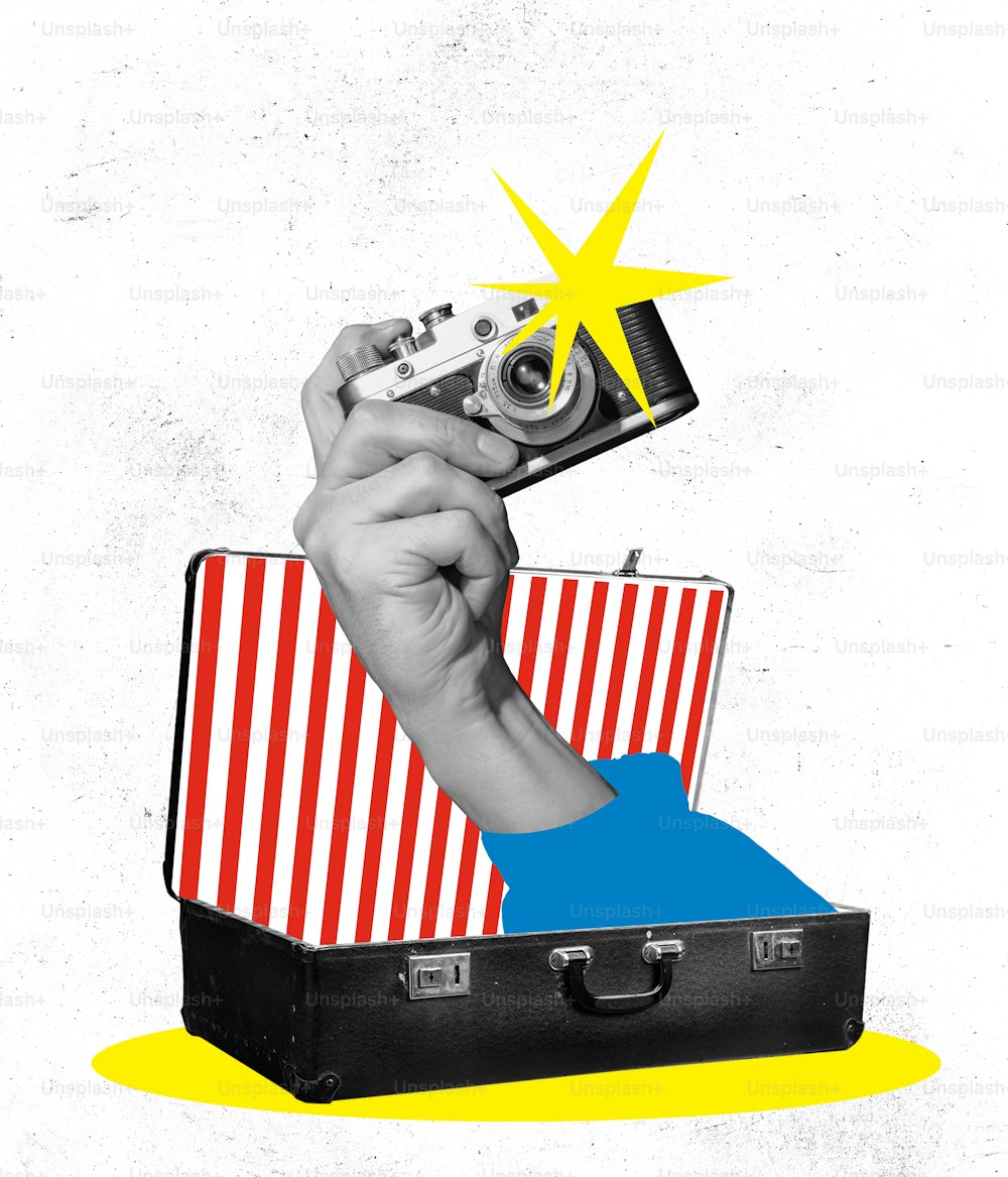 Paparazzi. Contemporary art collage. Colorful image of retro photo camera in human hand sticking out from old suitcase. Concept of vintage things, mix old and modernity. Copy space for ad