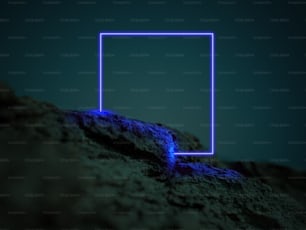 Luminous blue square. Synth wave, retro wave, vaporwave futuristic aesthetics. Glowing neon style. Horizontal wallpaper, background. Stylish flyer for ad, offer, bright colors and smoke neoned effect.