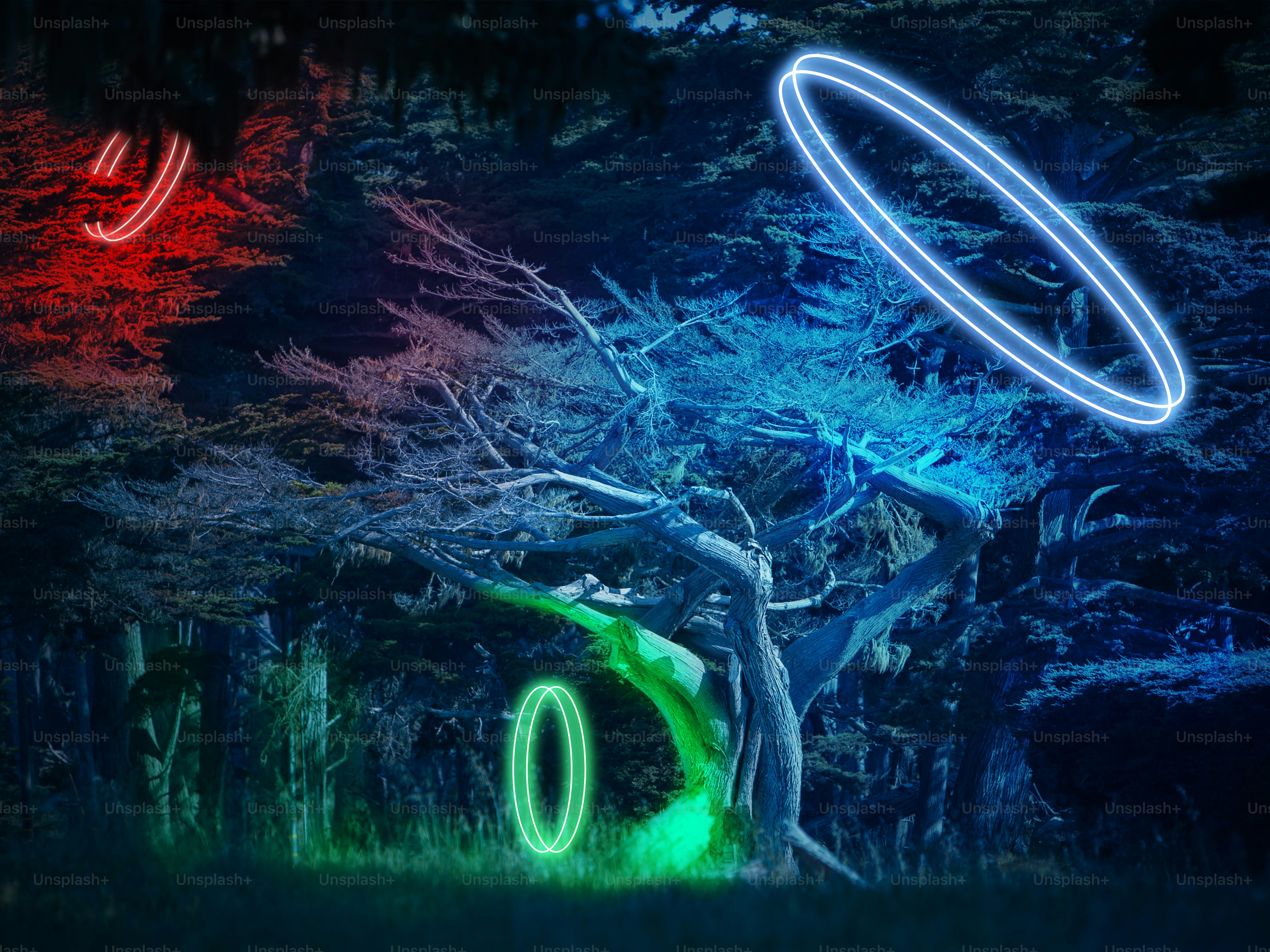 Luminous circles. Synth wave, retro wave, vaporwave futuristic aesthetics. Glowing neon style. Horizontal wallpaper, background. Stylish flyer for ad, offer, bright colors and smoke neoned effect.