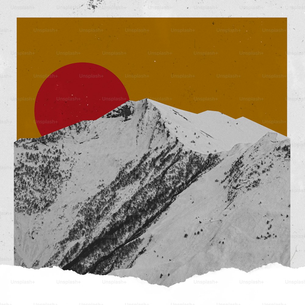 Collage di arte contemporanea. Design creativo in stile retrò. Immagine di montagne innevate al tramonto. Aria fresca. Concetto di creatività, surrealismo, immaginazione, paesaggio futuristico. Poster