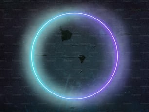 Luminous circle. Synth wave, retro wave, vaporwave futuristic aesthetics. Glowing neon style. Horizontal wallpaper, background. Stylish flyer for ad, offer, bright colors and smoke neoned effect.