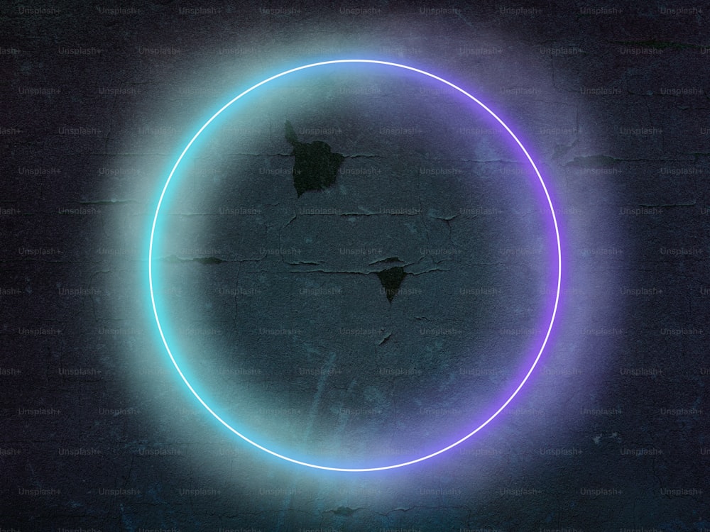 Luminous circle. Synth wave, retro wave, vaporwave futuristic aesthetics. Glowing neon style. Horizontal wallpaper, background. Stylish flyer for ad, offer, bright colors and smoke neoned effect.