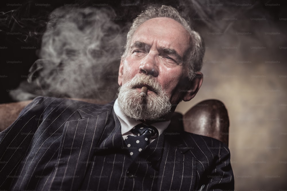 椅子に座っている特徴的なシニアビジネスマン。 葉巻を吸う。青い縞模様のスーツとネクタイを着た白髪とあごひげ。茶色の壁に対して。