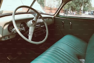 interior of vintage car. vintage classic style. retro film color filter effect.