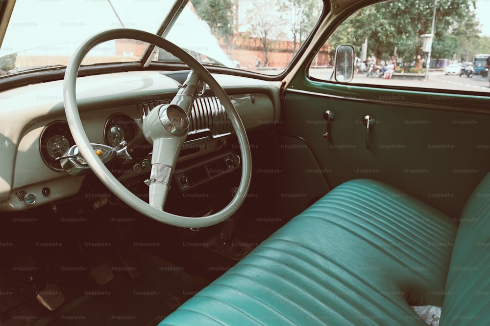 interior of vintage car. vintage classic style. retro film color filter effect.