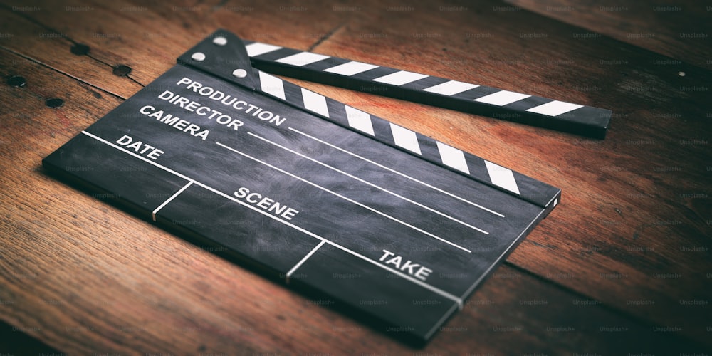 Movie clapper on wooden background. 3d illustration