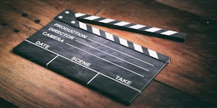 Movie clapper on wooden background. 3d illustration