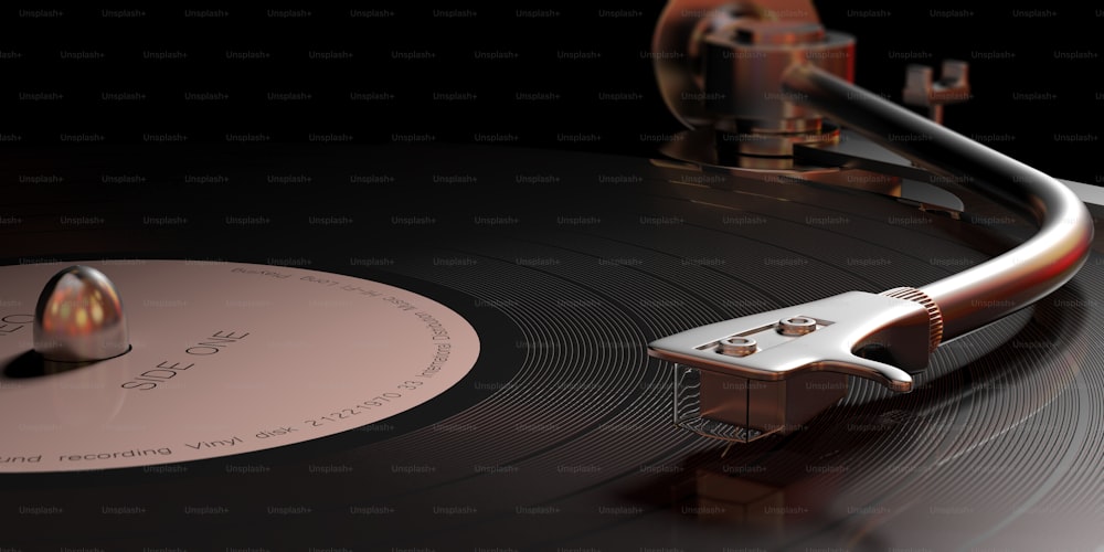 Music, sound. Vintage vinyl LP record player, closeup view with details. 3d illustration