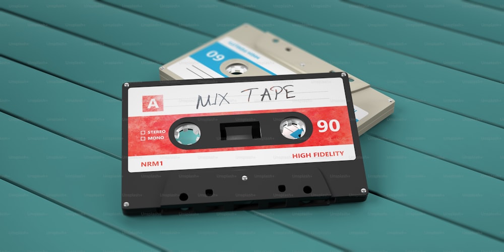 Musique de fête des années 1970-1980. Cassettes audio vintage, bande de mixage de texte sur l’étiquette, isolée sur fond en bois. Illustration 3D