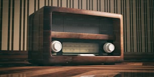 Radio vintage rétro. Radio à l’ancienne sur plancher en bois, fond mural à l’ancienne, illustration 3D