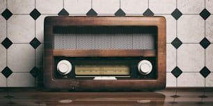 Radio vintage rétro. Radio à l’ancienne sur bureau en bois, fond mural à l’ancienne, illustration 3D