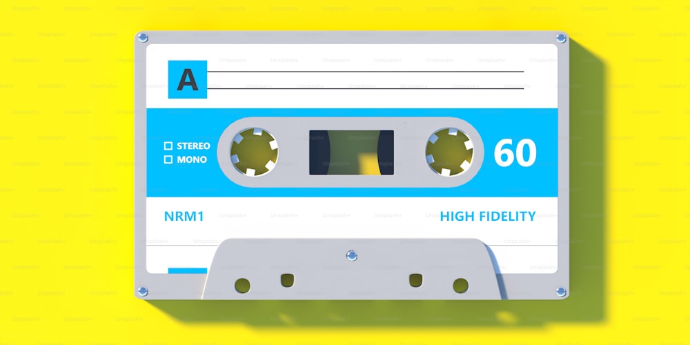 黄色の背景に青のラベルを持つオーディオカセットテープ。レトロなビンテージ音楽、80年代のパーティーソング。3Dイラスト