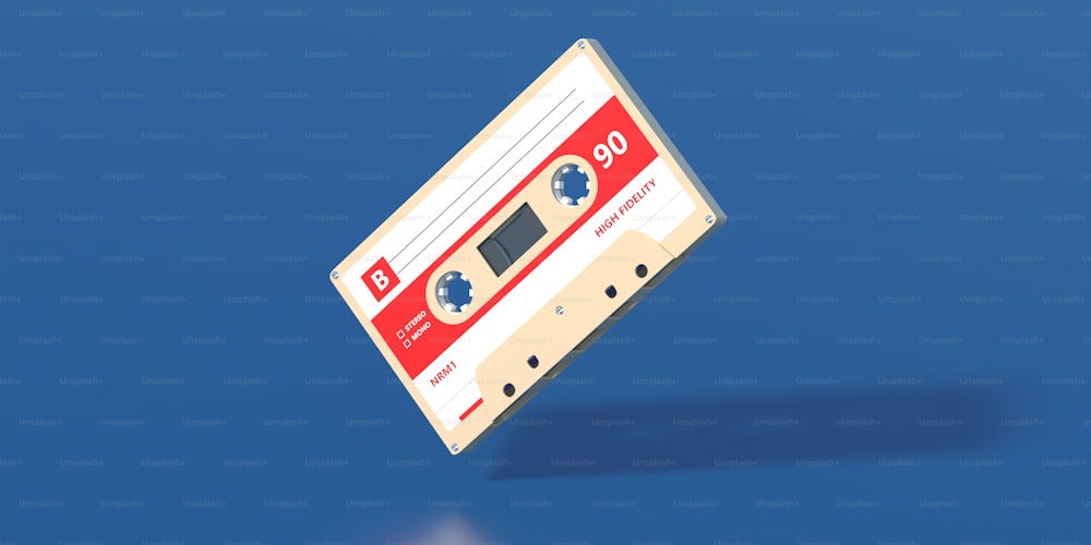 High fidelity, single retro audio cassette tape on blue background, Vintage music, eighties party songs concept, copy space. 3d illustration
