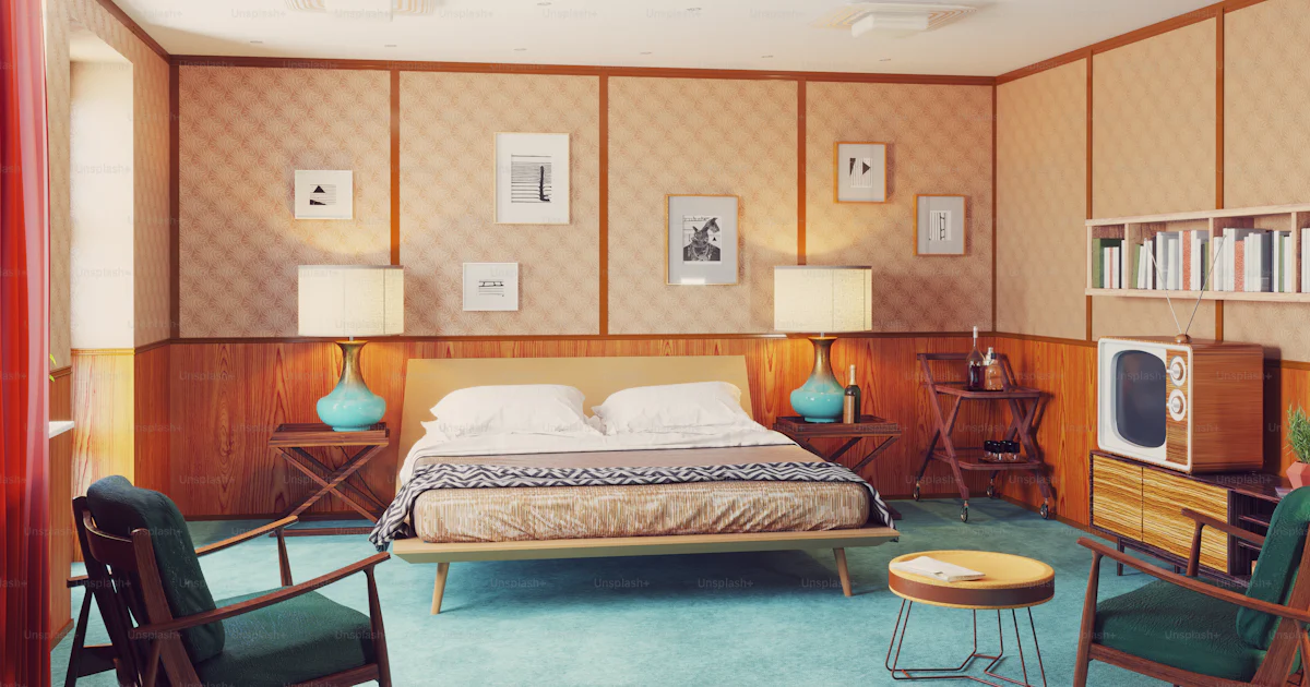 Beautiful vintage bedroom interior. wooden walls concept. 3d rendering ...