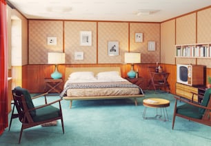 beautiful vintage bedroom  interior. wooden walls concept. 3d rendering