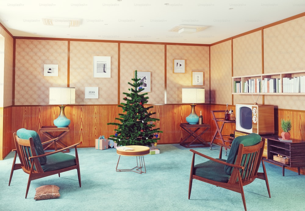 Interior navideño de estilo retro. Ilustración de conceptos 3D.