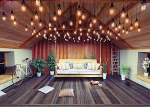 hanging sofa in the attic interior, decorated  with vintage lamps. invented 3D design concept