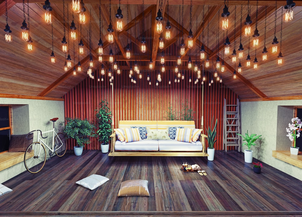 Hängendes Sofa im Dachgeschoss, dekoriert mit Vintage-Lampen. erfundenes 3D-Designkonzept
