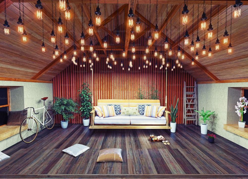 hanging sofa in the attic interior, decorated  with vintage lamps. invented 3D design concept