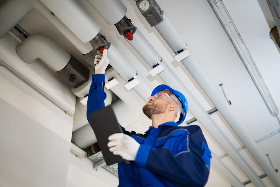 Técnico inspeccionando tuberías de una instalación hidráulica