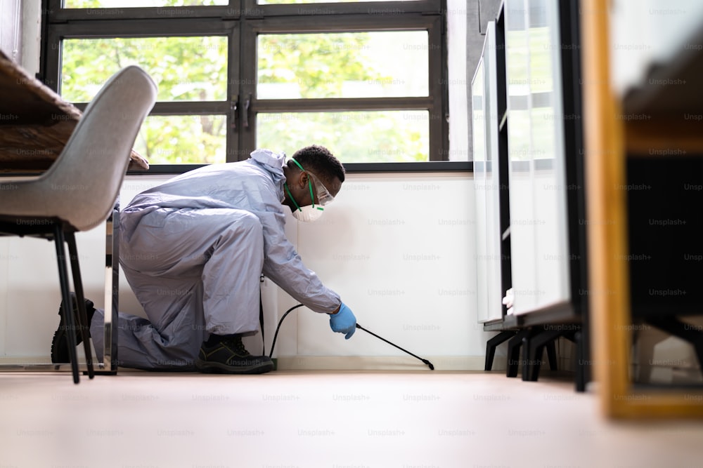 Pest Control Exterminator Man Spraying Termite Pesticide In Office