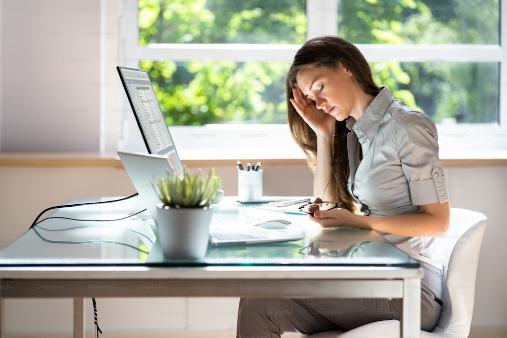 Stressed Tired Business Accountant Woman. Lazy Sad Worker