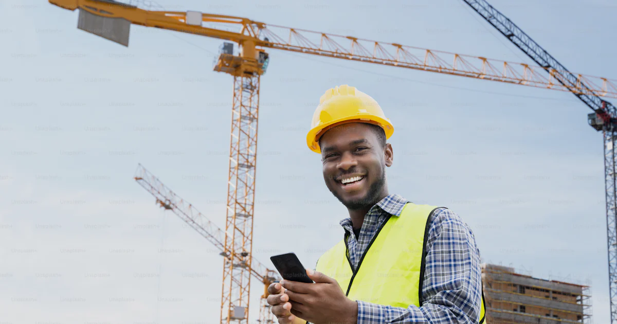 Worker Using Phone Builder Worker Using Phone. Construction Employee Communication photo ...