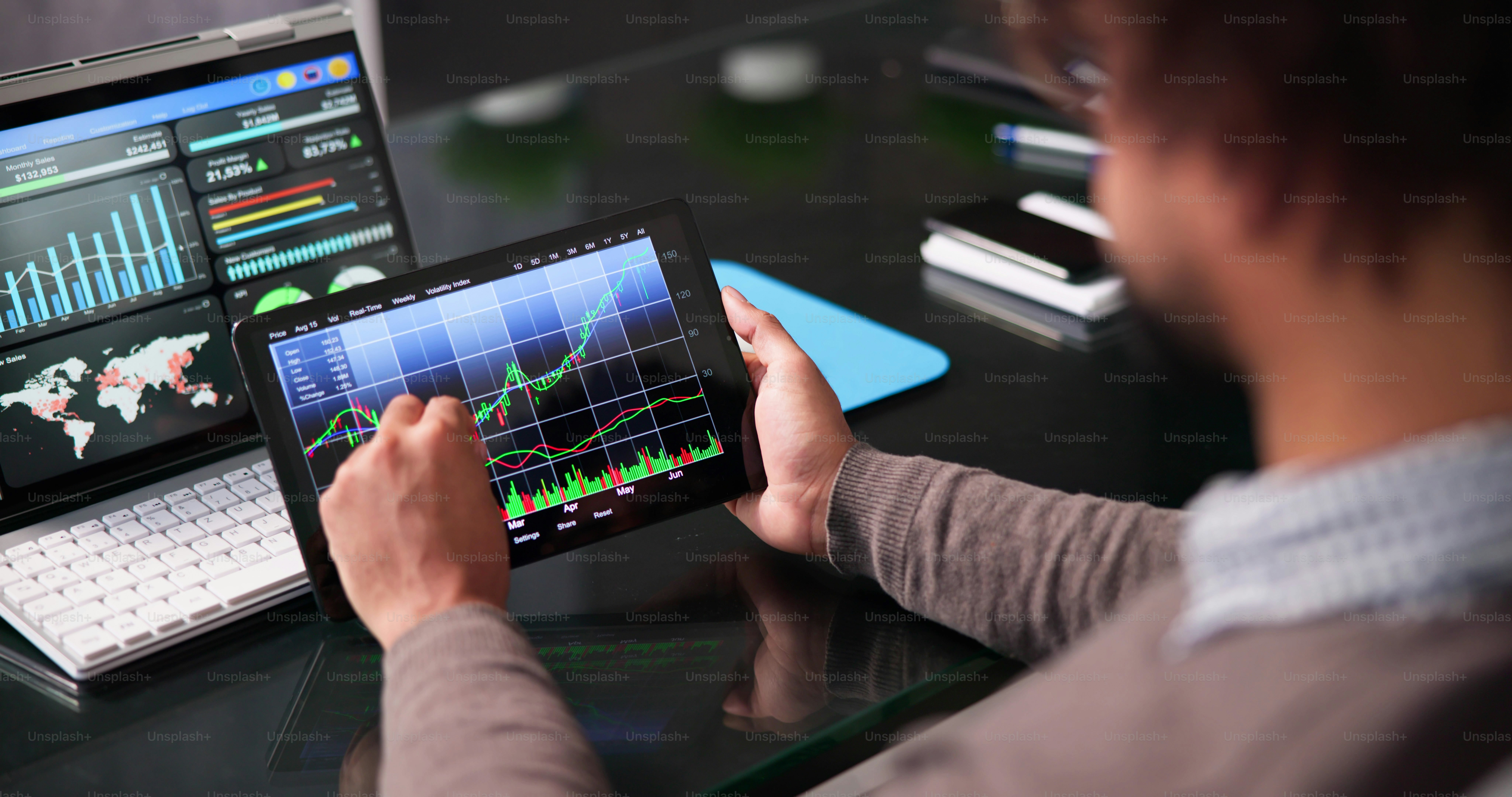 KPI Business Analytics Data Dashboard. Analyst Using Computer