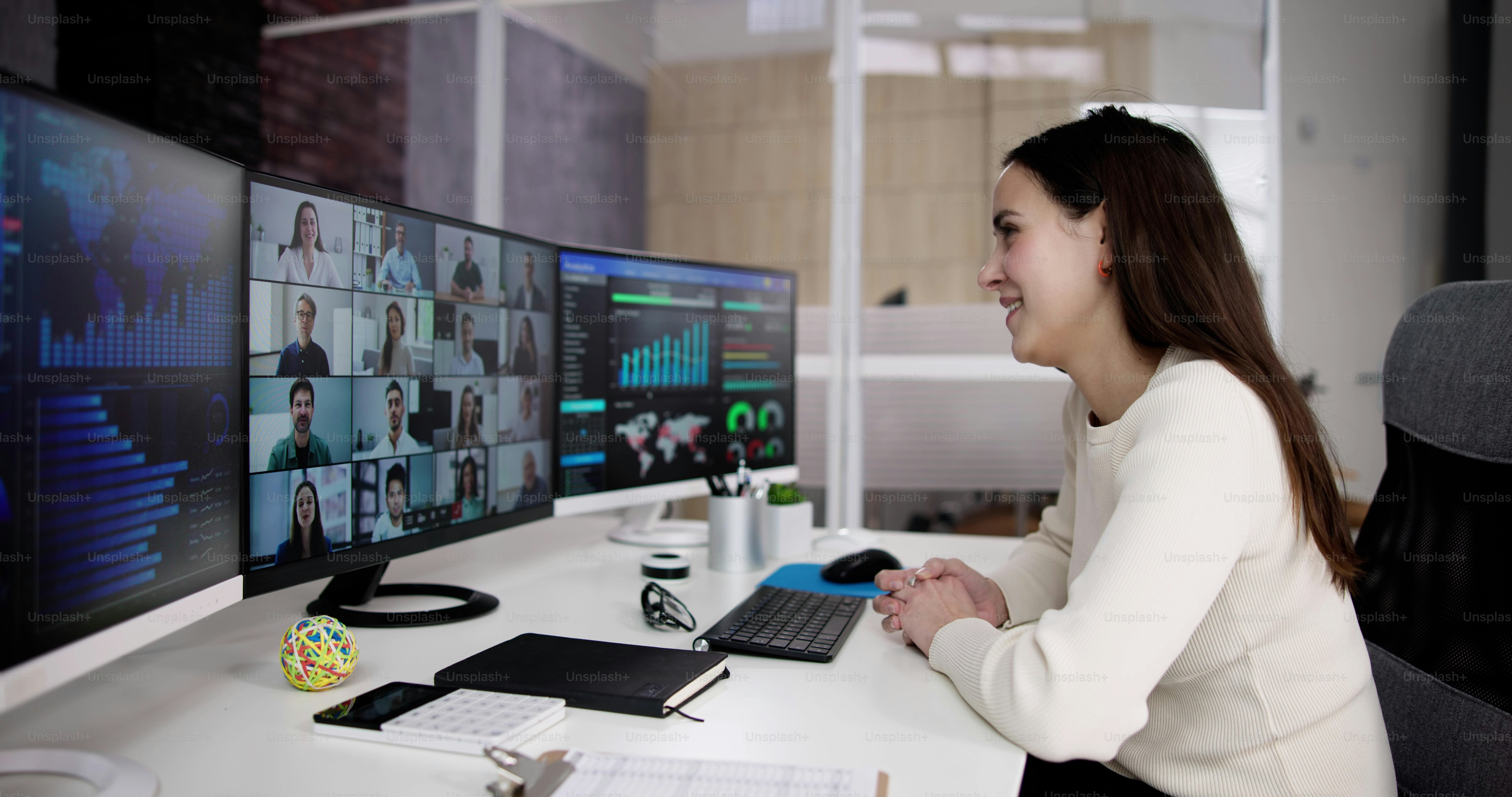 Watching Video Conference Business Webinar On Computer photo – Desk ...