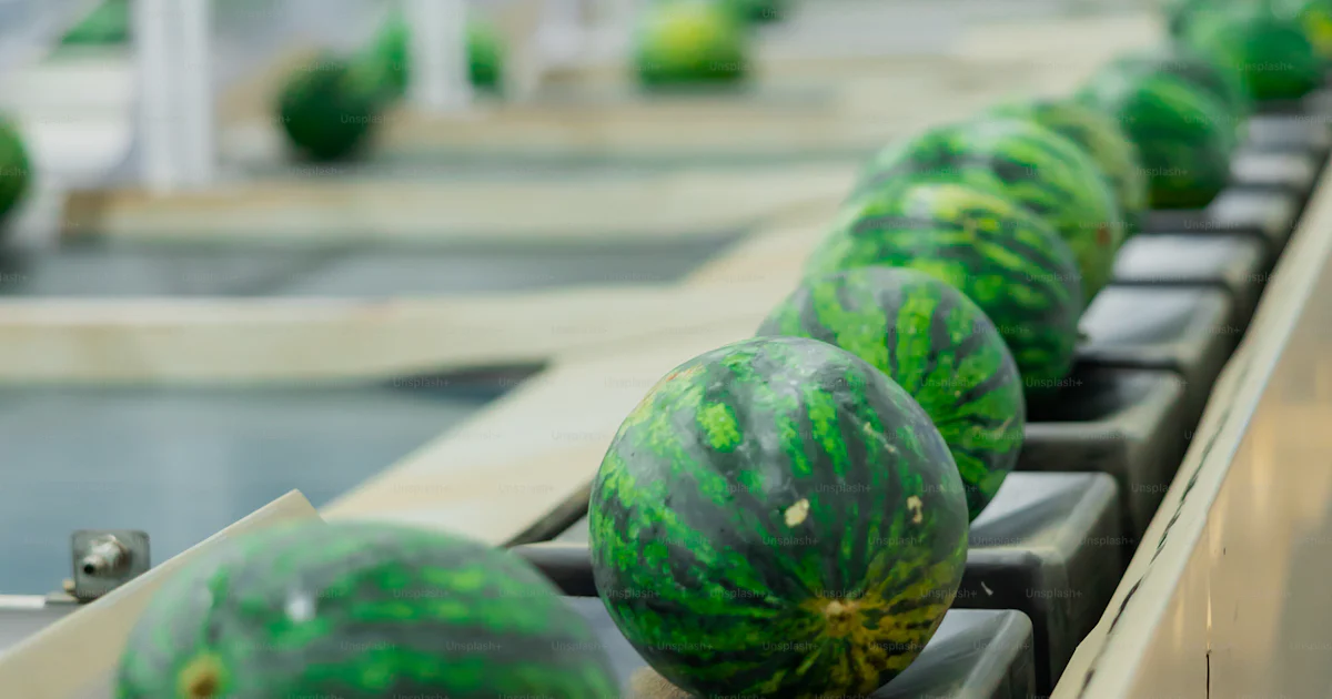 Line Loading Watermelons Row of watermelons processing on conveyor. Fresh ripe fruits in factory ...