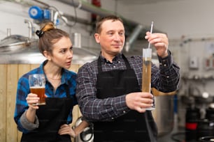 Mulher e um homem verificam a quantidade de álcool na cerveja em uma cervejaria particular