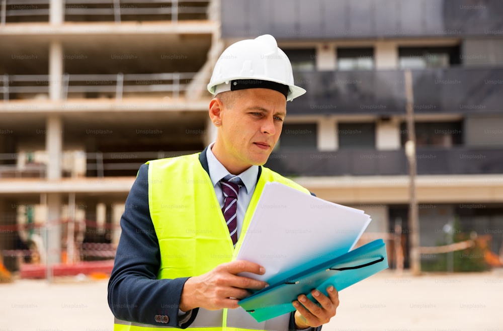 Ingénieur civil debout sur un chantier de construction, étudie soigneusement les documents de travail importants