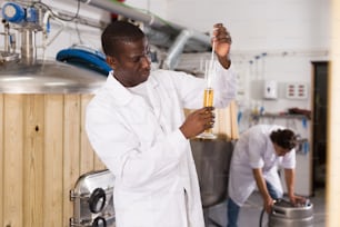 African american man brewer controlling quality of beer in flask in brew-house indoor
