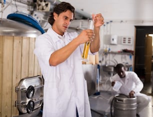 Young man brewer controlling quality of beer in flask in brew-house indoor