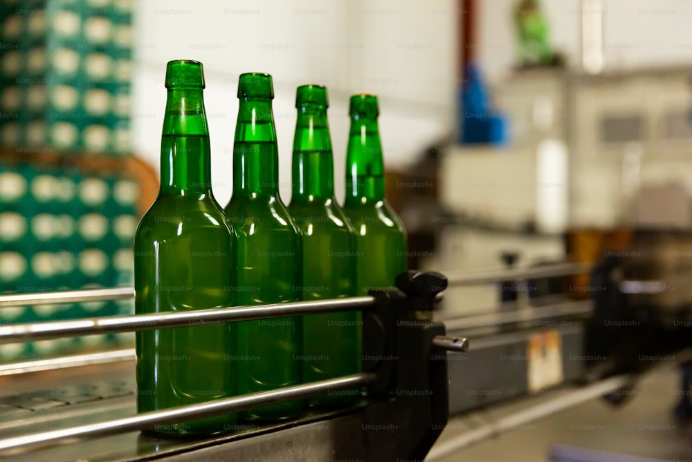 Four green glass bottles of apple cider on bottling line at factory
