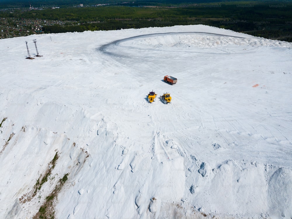 View from drone of unusual White Mountain in Podmoskovye, Russia - large open air slagheap of Lopatinsky phosphate mine