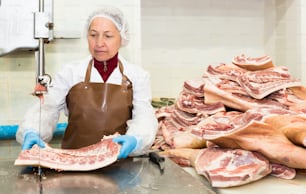 Woman worker preparing raw meat for later processing, cutting on machine at meat plant