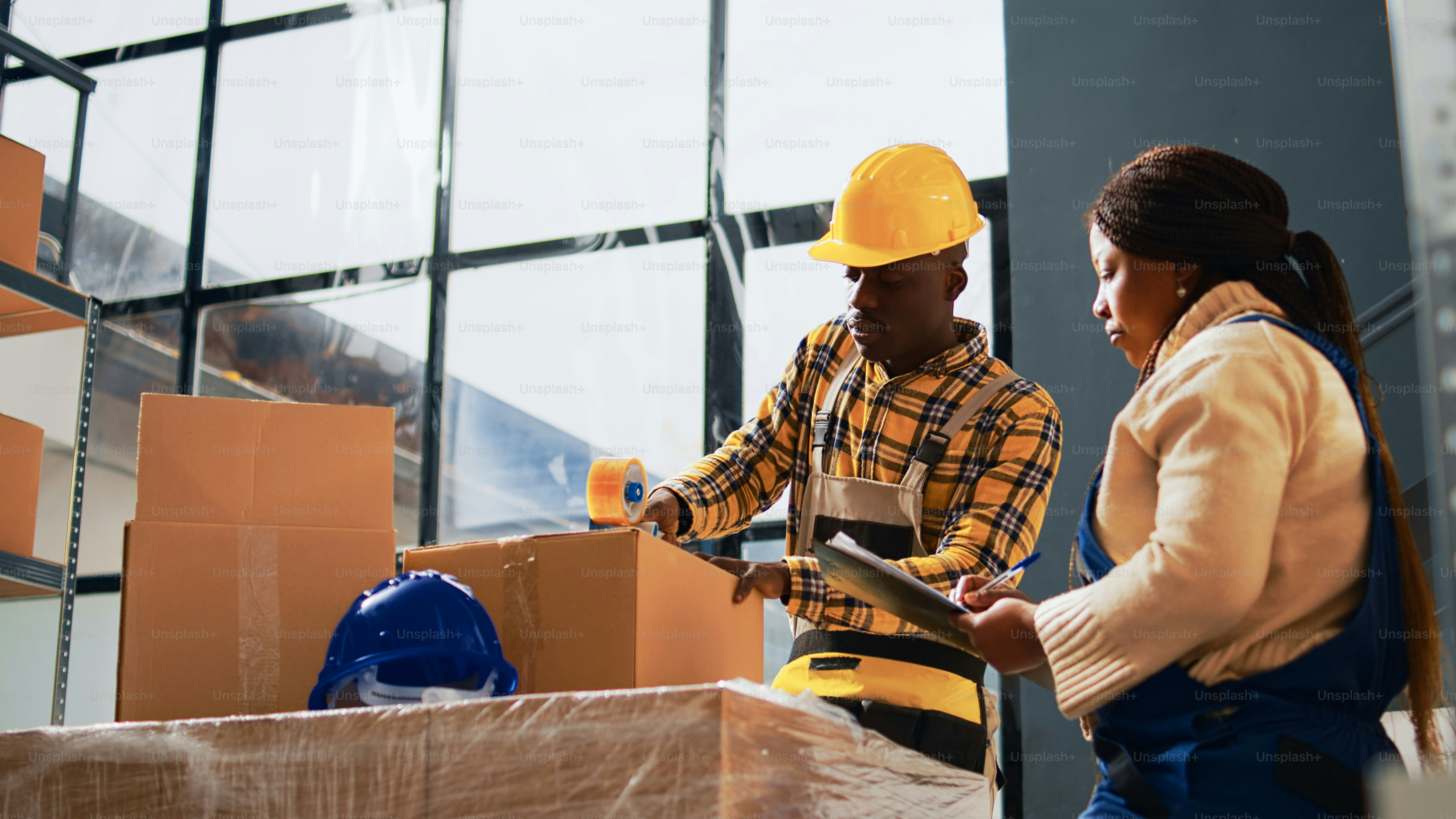 Two workers stacking boxes and working on logistics, doing quality ...