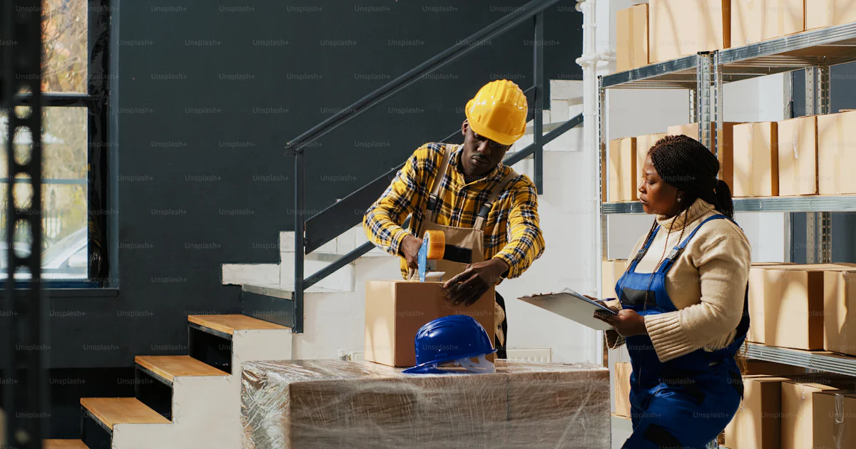Two workers stacking boxes and working on logistics, doing quality ...