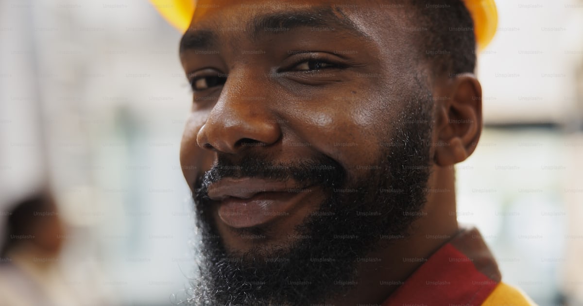 Smiling african american warehouse package handler face portrait ...