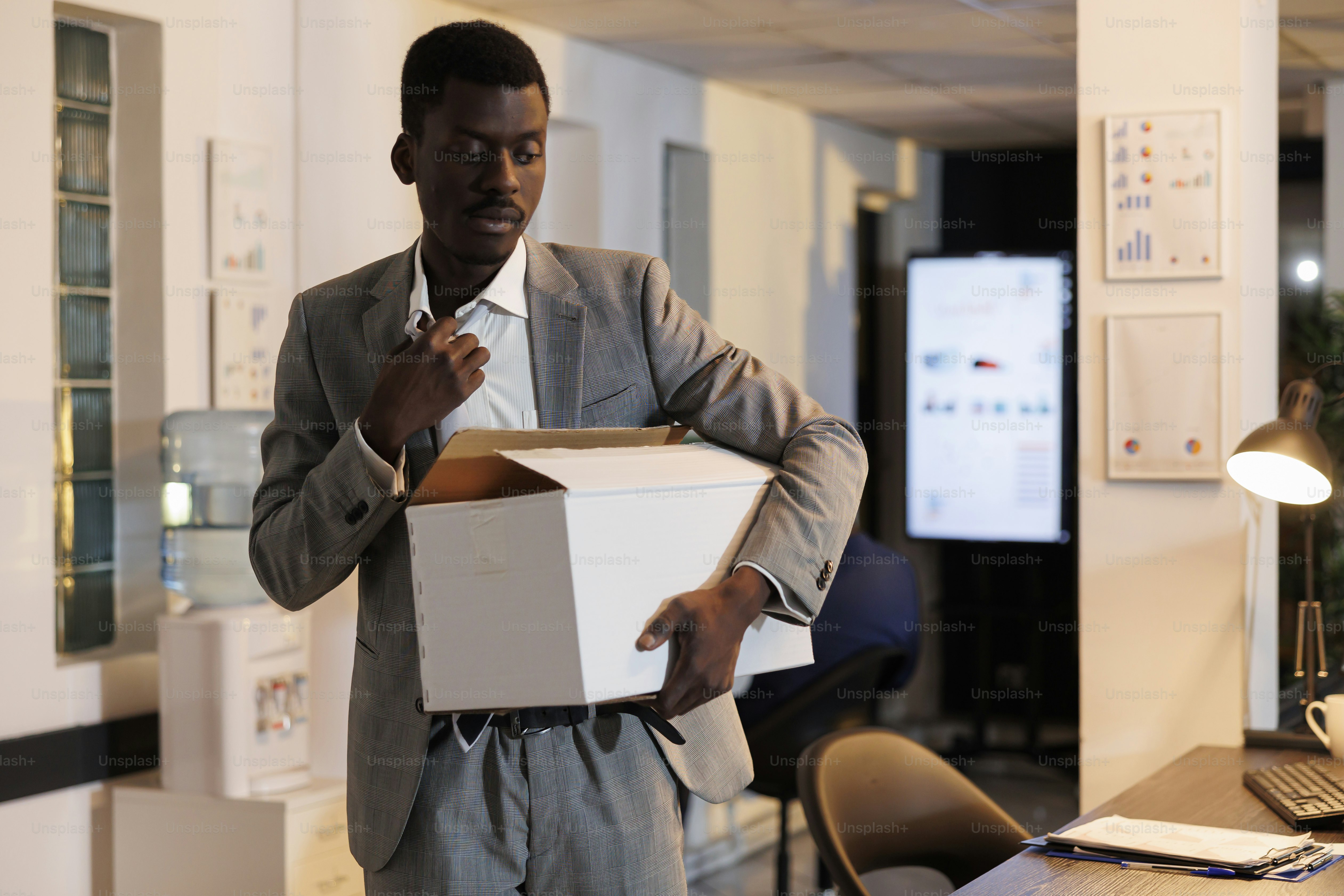 Upset businessman leaving company startup office after being dismissed by corporate manager late at night. Jobless entrepreneur carrying cardboard box with personal belongings. Business concept