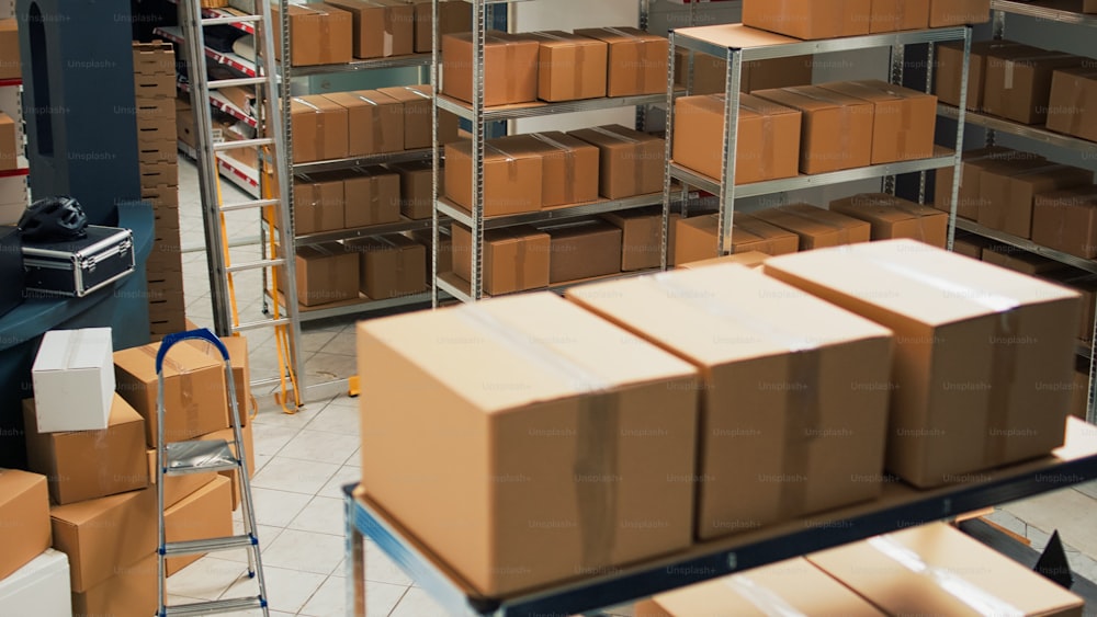 Empty warehouse with office desk space and shelves, storage room used for merchandise and shipping goods to clients. Startup development plan to ship products, stock distribution.