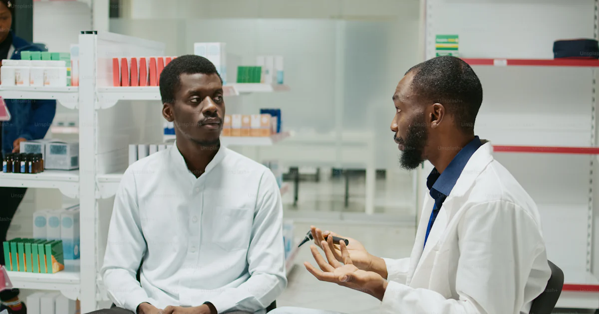 Male doctor consulting customer with otoscope at clinic, sitting in drugstore and doing ear examination. Young otologist and client checking infection for otola