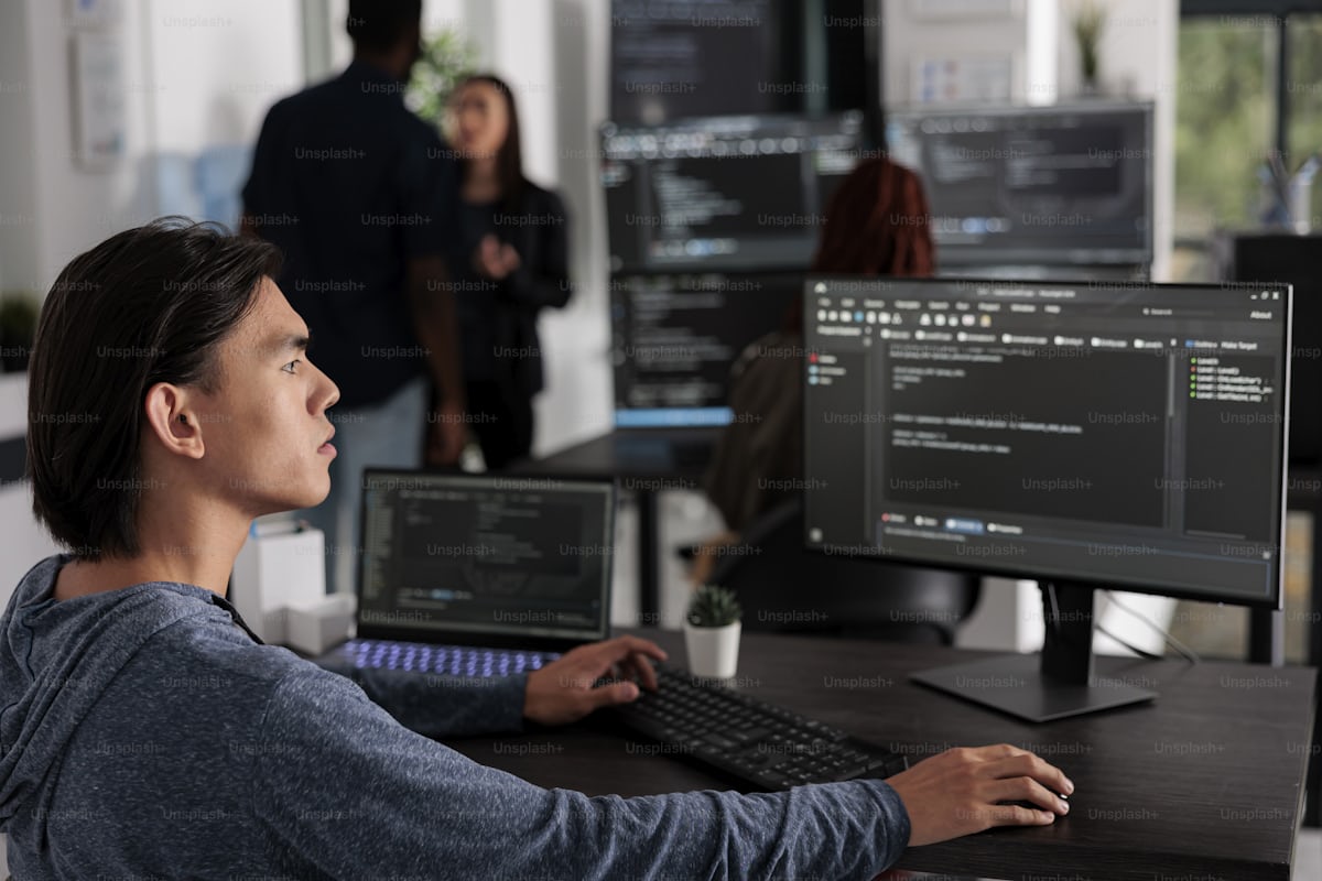 Developer writing code at a computer in an agency office, representing the technical implementation of LLM cost management