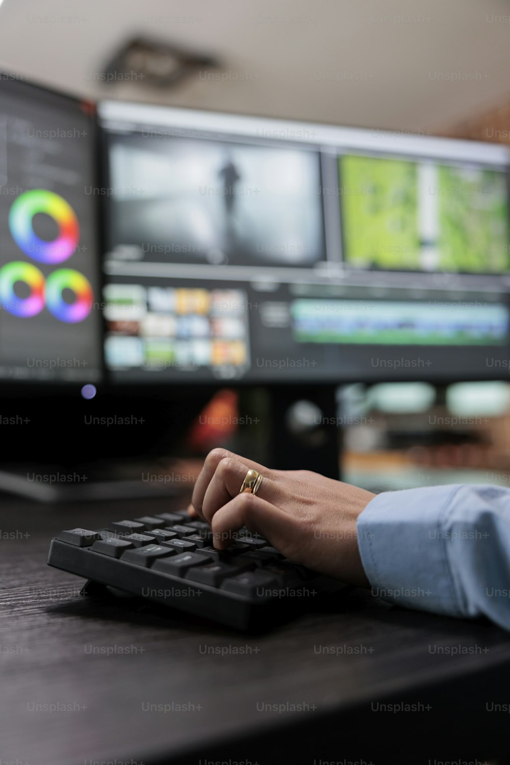 Close up shot of video graphic editor using specialized software to edit movie footage and improve visual quality. Professional videographer sitting at multi monitor workstation enhancing film frames.